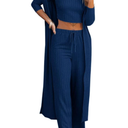 Fessceruna Womens 3 Piece Lounge Sets Pajamas Knit Long Sleeve Cardigan Crop Top Wide Leg Pants Loungewear Set, Size L