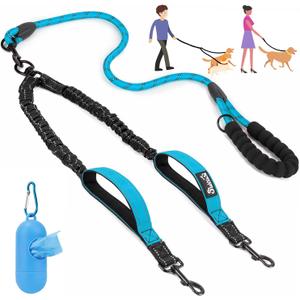 Lukovee Double Dog Leash, No Tangle 360 Swivel Heavy Duty Reflective Lead with Two Padded Handles Dual Dog Splitter, Comfortable Shock Absorbing Walking Training for Small Medium Large Dogs(Blue,M)