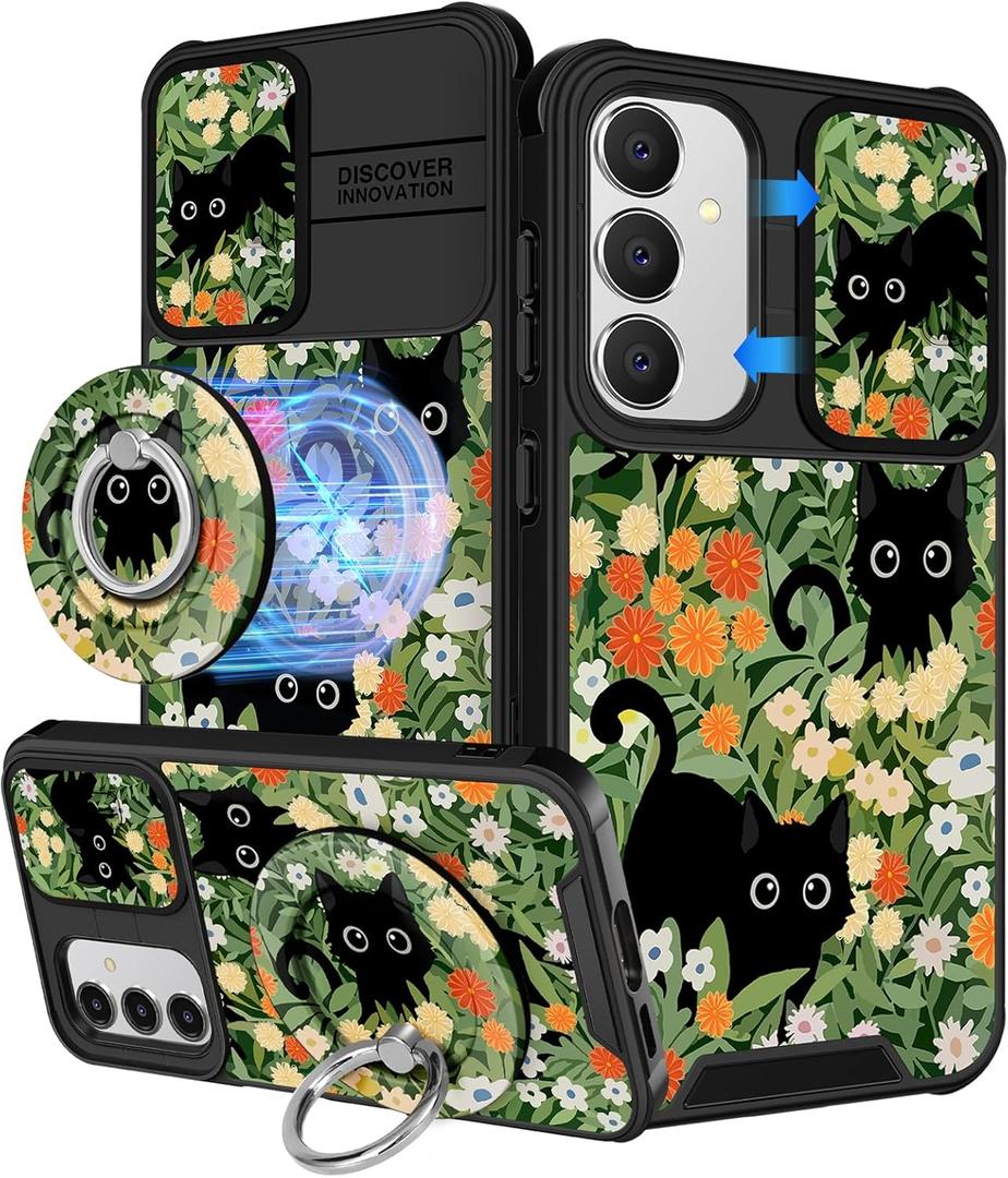 Buleens for Samsung Galaxy S24 FE Case - with Ring Stand & Camera Cover Aesthetic Cute Designed S24FE Case Women Girls Girly Kawaii Black Cat Teen for Samsung S24 FE Phone Case Compatible with Magsafe