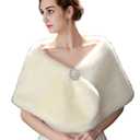 Bridal Faux Fur Wrap Shawl Cape for Women Wedding Evening Party White Fur Stole Wrap with Brooch Warm Cover Fur Scarf