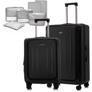 Premium Carry On Luggage, 20Inch+29 Inch Top Opening Airline Approved ABS+PC Hard Shell Suitcases with Silent Wheels, TSA Lock,Front Pocket and Wet-dry Separated Six-piece Set (Black)