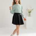 Girls Skirt Sets 2 Piece Outfits Long Sleeve Puff Mock Neck Tops and Plaid Skirts Fall Winter Clothes Size 6-14Y (Green)
