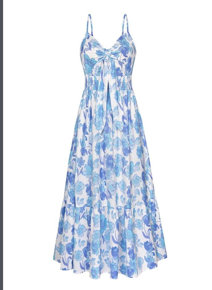 GRACE KARIN Women's 2025 Summer Maxi Dress Floral Tie Front Spaghetti Strap Casual Boho Beach Flowy Sundress with Pockets.L