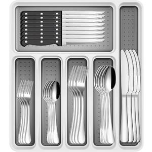 49-Piece Black Silverware Set with Drawer Organizer, Stainless Steel Cutlery for 8 with Matte Steak Knives, Forks, Spoons - Dishwasher Safe (49PCS Black with Organizer)