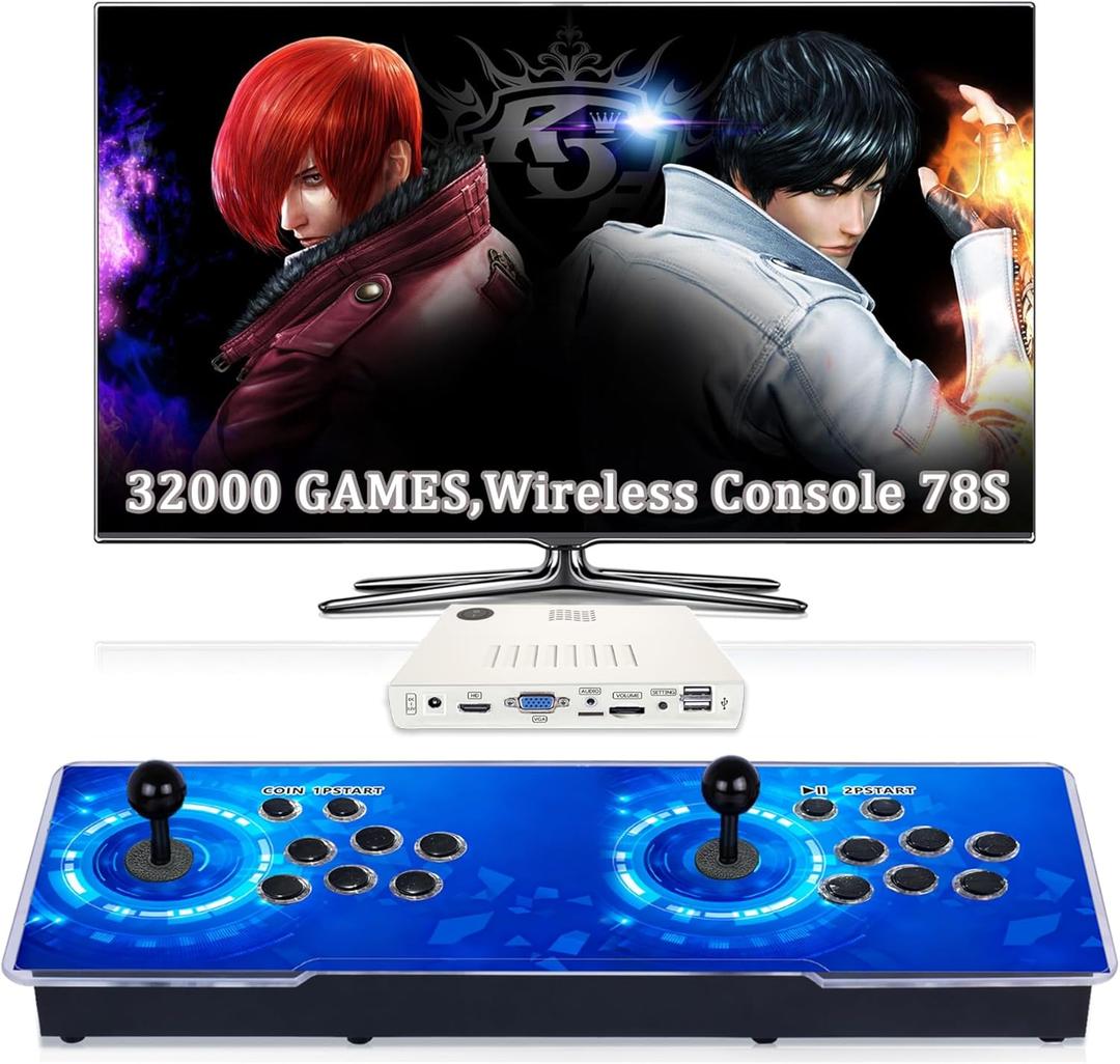 RegiisJoy 32000 in 1 Wireless Pandora Boxs Arcade Game Console 78S for PC Projector 4K TV, 4 Player Game, 1280X720, 3D Games, Search/Hide/Save/Load/Pause Games,128G TF (Blue)