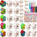 Tuanse 107 Pcs Wooden Birdhouse DIY Kits Includes 21 Unfinished Wood Mini Bird House 24 Watercolor Pen 50 Bird Butterfly Flower Slices 12 Animal Stickers for Adults DIY Craft Making Supplies (Cute)