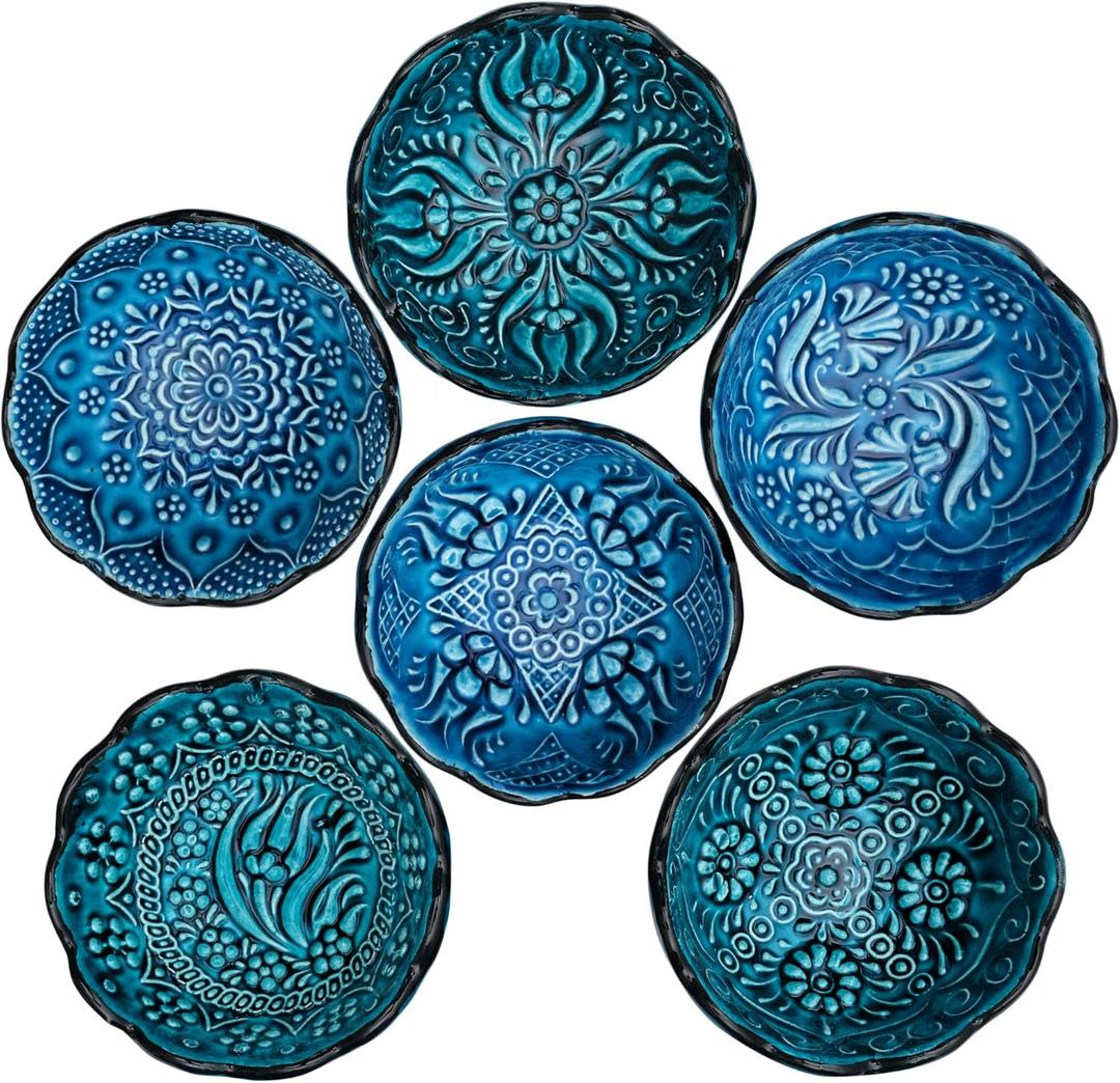BCS Ceramic Pinch Bowls Set of 6, Small Bowls for Dipping - Cooking Prep & Charcuterie Board Bowls, Soy Sauce Dish, Turquoise Handmade Decorative Serving Dishes (3.2'' - 3 oz)
