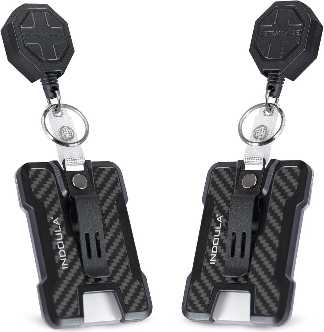 2 Pack Retractable Badge Holder with Belt Clip,Heavy Duty Retractable Keychain with Tactical ID Card Holder (Holds 4 Cards),Carbon Fiber-Texture, with 31.5”Badge Reel