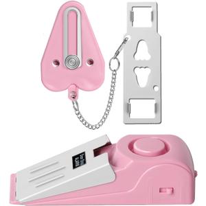 Portable Door Lock & Door Stop Alarm Set, Dual Protection Home Security Door Kit, Travel Hotel Door Lock Devices Pocket Self Defense Tools for Traveling Hotel Home Apartment, Pink