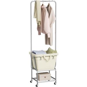 ELYKEN Laundry Cart with Hanging Rack, Rolling Laundry Hamper with Wheels, Laundry Basket with Removable Liner Bag and Shelf, Sturdy Metal Frame Dirty Clothes Basket for Hotel, Home, Closet, Dorm (Silver+Cream)