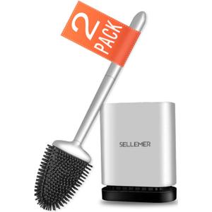 Sellemer Toilet Brush and Holder Set for Bathroom, Flexible Toilet Bowl Brush Head with Silicone Bristles, Compact Size for Storage and Organization, Ventilation Slots Base (2 Pack, Silver)