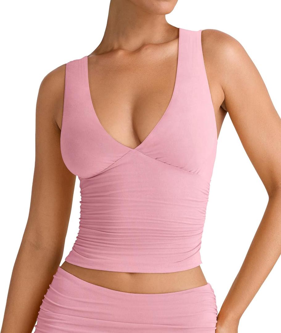YFANG Women's Summer Deep V-Neck Ruched Crop Tank Top Sexy Sleeveless Double Lined Crop Top Pink Large