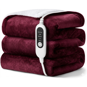 Electric Heated Blanket, Soft Flannel Fabric Heating Blanket Features 5-Level Temperature Adjustment Machine Washable ETL Certified Double-Sided Heating (Maroon & White)