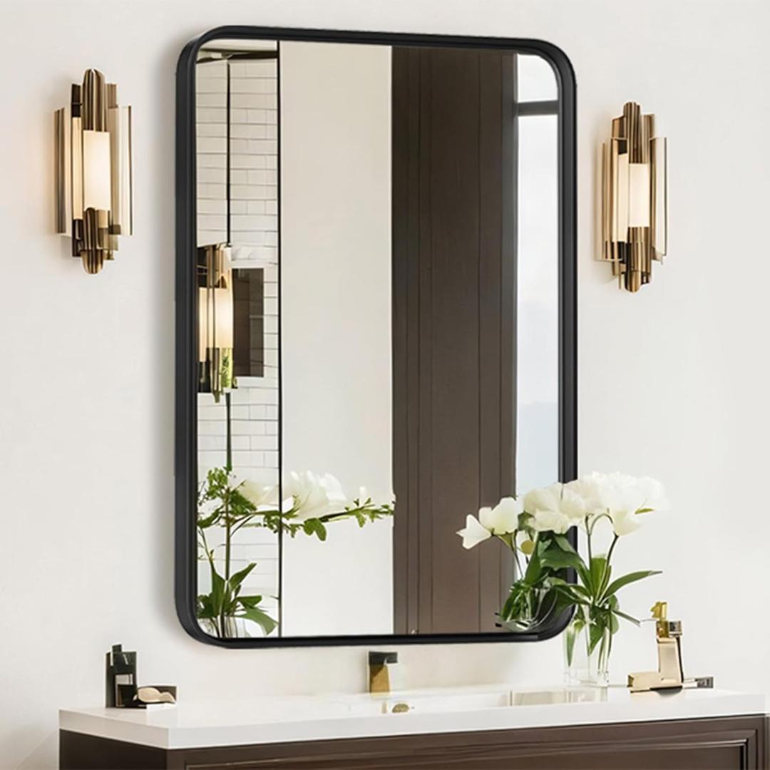Bathroom Mirror for Wall, 30x22 Inch Rectangle Mirror, Matte Black Metal Framed Bathroom Vanity Mirror for Restroom Farmhouse, Anti-Rust, Tempered Glass, Horizontally or Vertically Hanging
