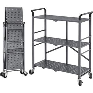 3 Tier Utility Carts - Folding Metal Rolling Cart with Wheels for Kitchen Office Garage Storage, Grey