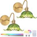 Vintage Battery Operated Wall Sconce Set of 2, Wireless Wall sconces with Magnetic RGB Bulbs, Rechargeable Wall Light with Flower Green Lampshade for Bedroom Living Room Hallway Wall Decor, Green Lily