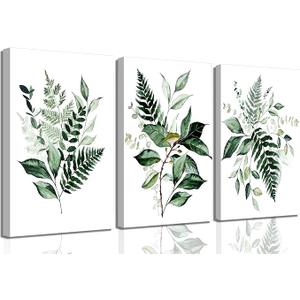 3Pcs Green Plants Canvas Wall Art Bohovegetation Wall Decor Pictures Sage Green Botanic Posters Prints Modern Botanical Paintings Artwork for Bedroom Bathroom Home Decoracion 16in x 2ft