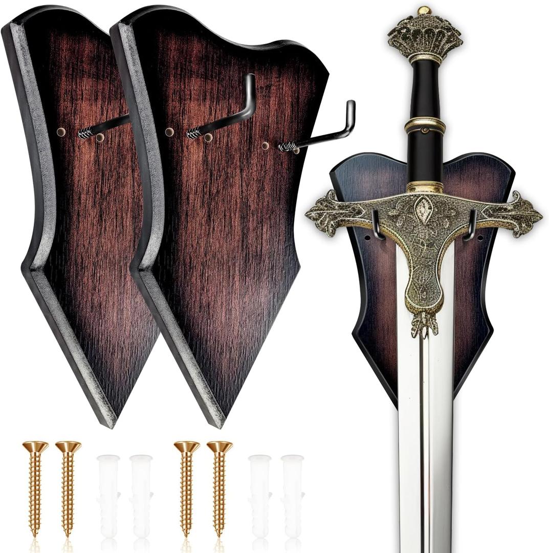 Sword Plaque Wall Mount Vertical Display Holder Adjustable Stand for Bow Medieval Dagger Axe (2pcs Medium Brown)