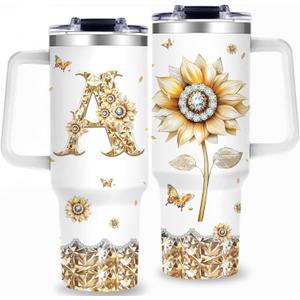 Monogrammed 40oz Tumbler with Handle for Women, Personalized Birthday Gifts,Initial Cups for Women Sunflower Letter A,Customized Gifts for Female Lady Gift for Mothers Day Christmas