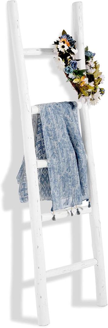 FUIN Fully Assembled 57in Wood Blanket Ladder Living Room Decorative Wall Leaning Farmhouse Quilt Display Holder Rustic Wooden Towel Rack for Bathroom, White