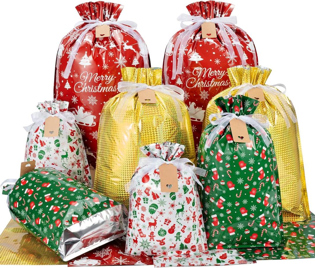 Asoulin Christmas Drawstring Gift Bags with Tags - 32 PCS Stand Up Gift Bags Assorted Sizes Large Medium Small Foil Gift Wrapping Bags for Birthday, Goodies, Xmas Holiday Party Decoration Supplies (style1)