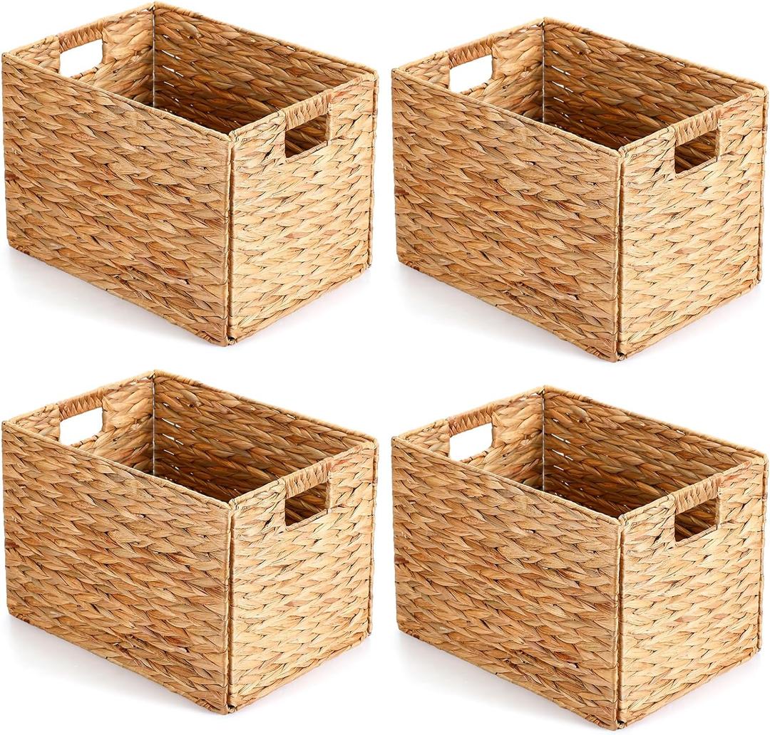 Layhit 4 Pcs Wicker Storage Basket Water Hyacinth Handwoven Baskets with Handles Foldable Woven Organizer Multipurpose Wicker Storage Bins for Bedroom Living Room(16 x 11 x 11'',Natural)
