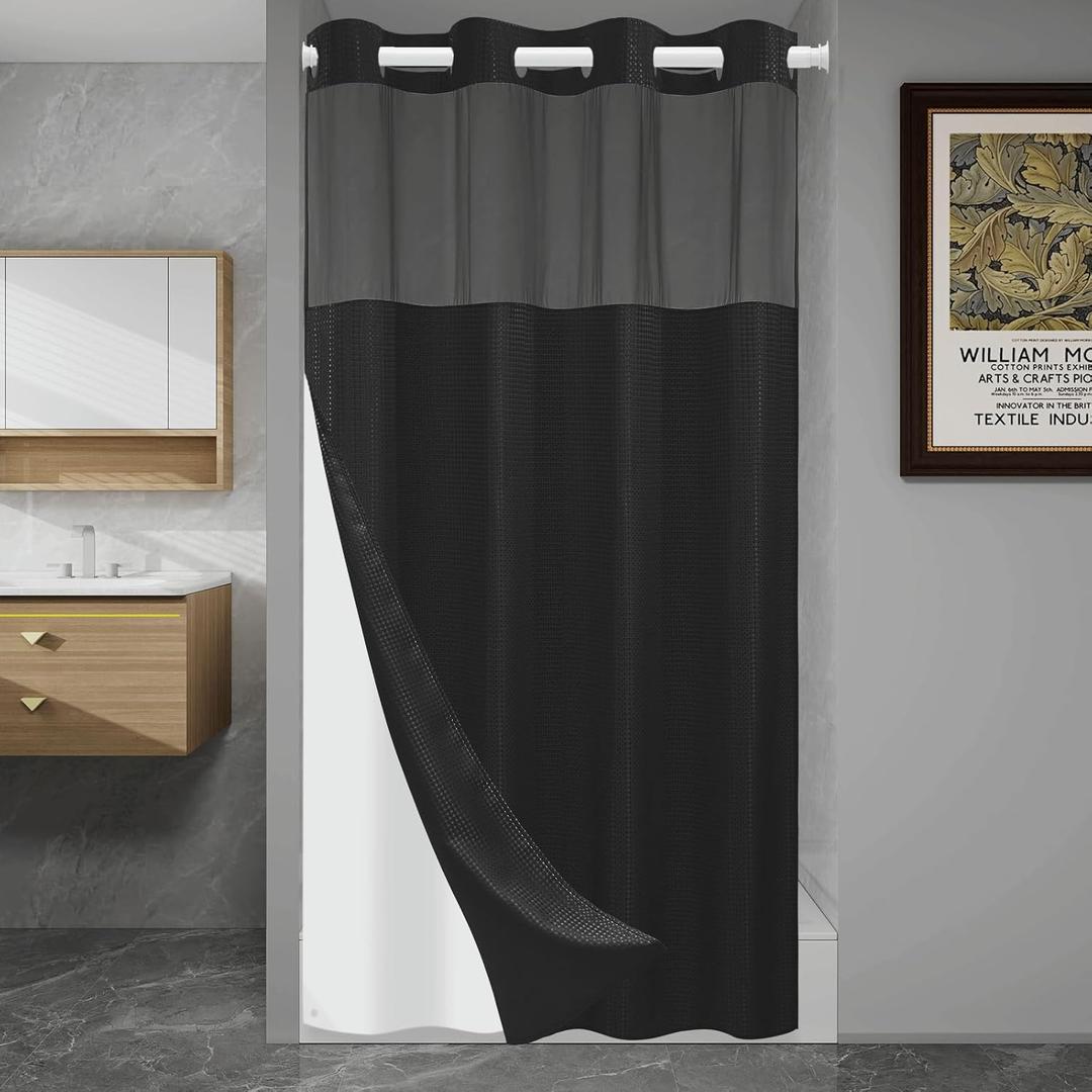 No Hook Shower Curtain with Snap in Liner Set Waffle Shower Curtain for Bathroom Hotel Style Fabric Waterproof Inner Liner60" W x 74" H, Black
