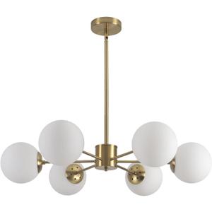 KCO 6-Light Globe Sputnik Chandelier Milk Glass Modern Gold Chandelier Light Fixture Mid Century Sputnik Chandeliers Pendant Lighting Brushed Brass Chandelier (Gold+White)
