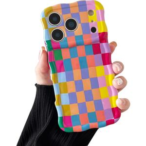 Compatible with iPhone 17 Pro Max Case, Cute Wave Curly Colorful Checkerboard Plaid Pattern Cover for Women, Soft TPU Shockproof Protection Case Compatible for iPhone 17 Pro Max (Colorful 2)