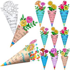 Fulmoon 24 Sets Mother's Day Crafts Color Your Own Mother's Day Bouquet Craft DIY Flowers Bouquet Gift for Mom Home Classroom Activities Party Supplies Decor