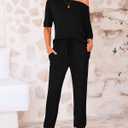 Zenlonr Women Summer 2 Piece Outfits 2025 Off Shoulder Short Sleeve Tops Elastic Waist Drawstring Long Pants Tracksuit (Large, Black)