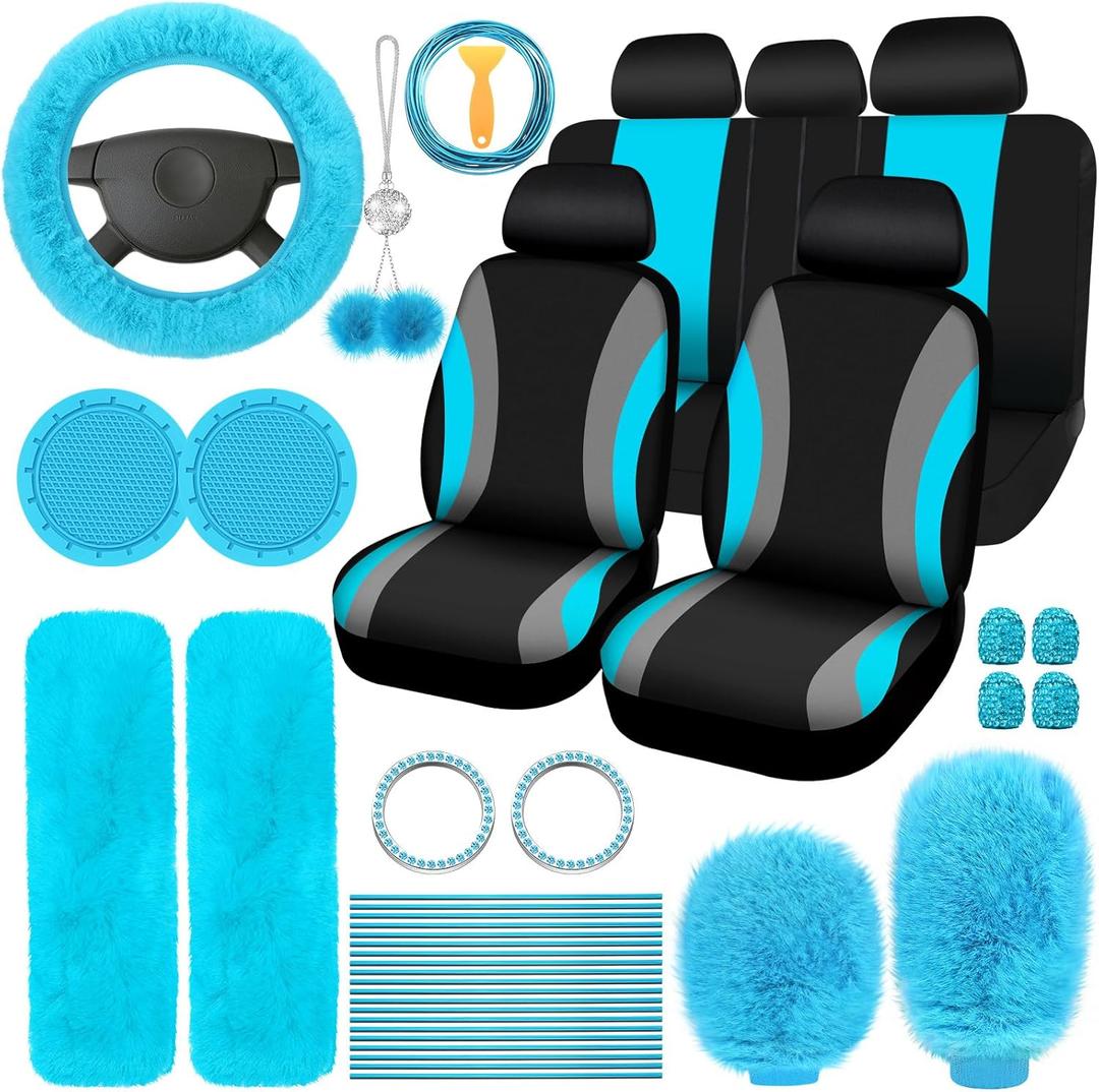 ROCEEI 43 Pcs Car Seat Cover Full Set Fuzzy Car Accessories for Women Christmas Front Rear Cover Fluffy Steering Wheel Cover Belt Handbrake Shift Cover(Lake Blue)