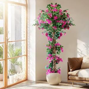 6FT Tall Bougainvillea Artificial Tree for Outdoors or Indoors, Faux Bougainvillea Tree Realistic Wood with Flowers in Plastic Pot Front Porch Plants, Home, Office, Red