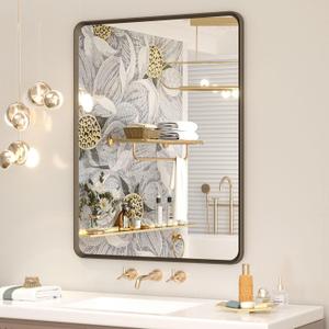 OKPAL 28x36 Framed Bathroom Mirror, Brushed Bronze Metal Bathroom Vanity Mirror, Bronze Rectangle Mirror for Farmhouse, Round Corner, Anti-Rust, Tempered Glass (Horizontal/Vertical)