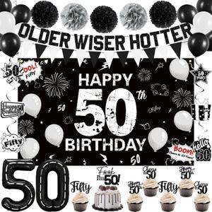 Holkcog 50th Birthday Decorations for Men Or Women, 38pcs Black 50th Birthday Party Backdrop, Banner, Hanging Swirls, Balloon, Cake Topper, Cheers to 50 Years Old Party Supply