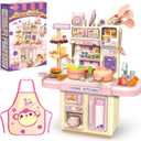 Mini Kids Kitchen Playset with Apron, Play Kitchen Toy with Realistic Steam and Lights, Play Sink and Toy Kitchen Accessories, Pretend Play Gift for Toddlers 3-5 Boys Girls (Pink)