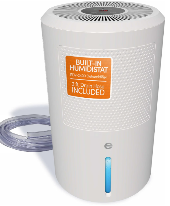 Eva-Dry EDV-2400 Electric Dehumidifier, Up to 267 Sq Ft, Humidistat
Adjustable humidistat — set target humidity, runs automatically | Drain hose included | Bedroom, bathroom, boat use