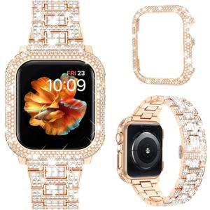 Mosonio Compatible with Bling Apple Watch Band Women 40/44/41/45/42/46mm with Shiny Metal Case, Full Sparking Luxury Diamond Bands and Cover Set, Charming Wedding Party Strap for iWatch SE Series 10/9/8/7/6/5/4