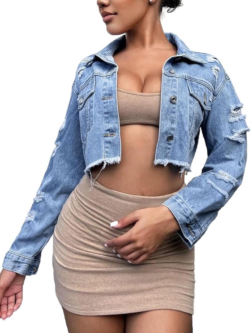 FairBeauty Women's Washed Distressed Denim Jacket Long Sleeve Ripped Button Up Cropped Jean Jacket (D-Blue, Large)