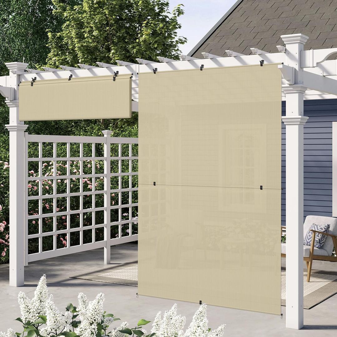 E&K Sunrise 7'W x 6'H Outdoor Roller Shades Patio Cordless Roll Up Blinds Foldable Sun Shade UV Block Exterior Sun Screen for Outside Porch Backyard Deck Pergola (Beige)