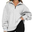 Womens Oversized Half Zip Long Sleeve Sweatshirt Solid Color Quarter Zipper Trendy Teen Girls Drop Shoulder Pullover Light Grey, No Size