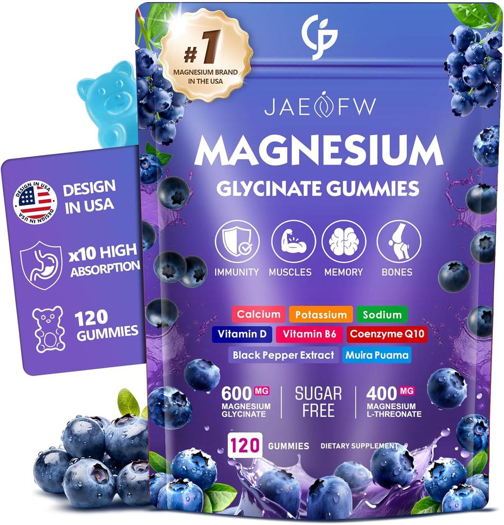 Magnesium Glycinate Gummies 1000mg High Absorption Magnesium Complex with CoQ10, Vitamin D3 & B6 Sugar Free Magnesium Gummies for zzZ, Focus & Relaxation, for Women, Men & Kids Blueberry