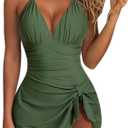SUUKSESS Women One Piece Swim Dress Tummy Control Swimsuit Tie Knot Bathing Suit (Green, XXL)