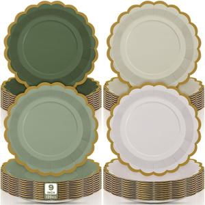 120 Pcs Gradient Sage Green Paper Party Plates 9 Inch Scalloped Disposable Dessert Plates for Coquette Bridal Pink Bow Gender Reveal Wedding Birthday Baby Shower Party Supplies