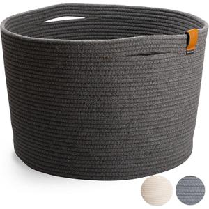 DENJA & CO Extra Large Blanket Basket for Living Room - Decorative Woven Baskets for Storage | Cotton Rope Large Baskets for Blankets, Pillows, Toys, or Laundry | Charcoal Gray (21" x 13.8") (Dark Grey)