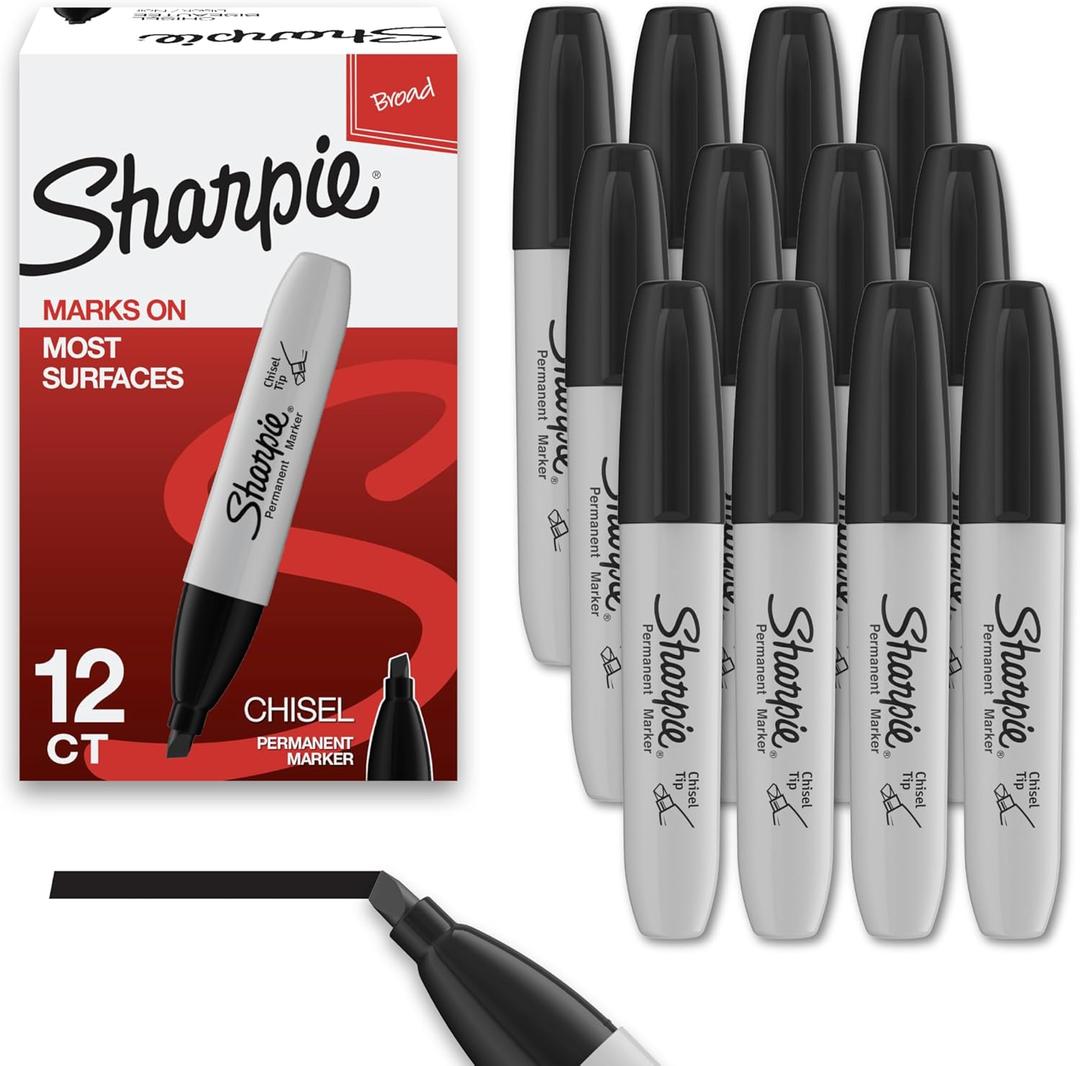 Sharpie Permanent Markers, Chisel Tip, Black, 12 Count - Home, School, Office Supplies