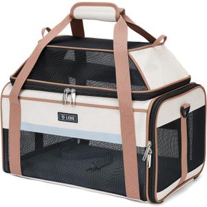 Lekereise Top-Expandable Pet Carrier 17x11x9.5 Inch Alaska Hawaiian Airline Approved Soft Sided Underseat to 12lbs Travel Carriers for Small Cats and Dogs with Locking Safety Zippers Anti-Scratch Mesh (Khaki)
