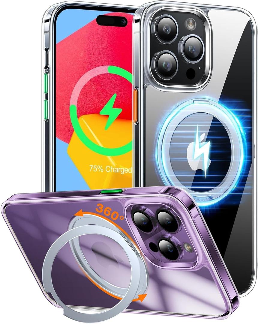TORRAS 360 Rotatable Ring for iPhone 14 Pro Max Phone Case [Compatible with Magsafe] with Stand, Magnetic Ring Holder Military Grade Shockproof Translucent Back Slim Ostand R, Clear