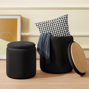 Black Velvet Ottoman with Storage Set of 2, Round Storage Ottoman Foot Rest, Black Makeup Vanity Chair, Small Vanity Stool with Storage, Pouf Ottomans for Living Room, Bedroom