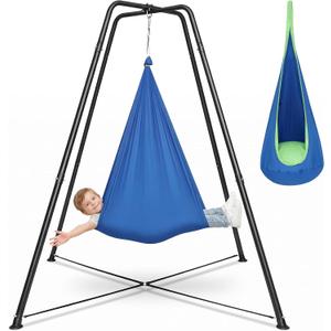 Swing Stand Frame with Sensory Swing and Pod Swing, Heavy-Duty X-Frame Sensory Swing Stand for Kids, Indoor & Outdoor Autism Sensory Hammock with Stand 350LBS Capacity for Home Backyard Park （Blue）